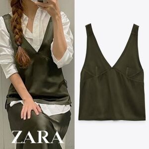 NWOT ZARA SATIN CAMISOLE TOP V NECK OLIVE GREEN XS